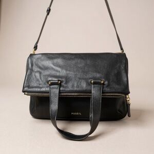 Dark Academia Fossil Black Heritage Leather Foldover Crossbody Carryall Tote